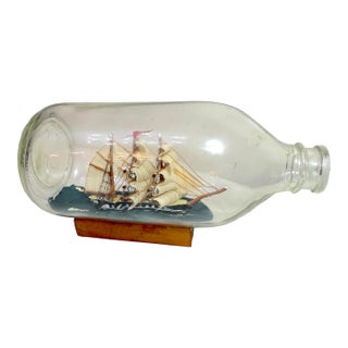 Vintage Handmade Nautical Wood Sail Ship Boat in Glass Bottle Model Sculpture For Sale