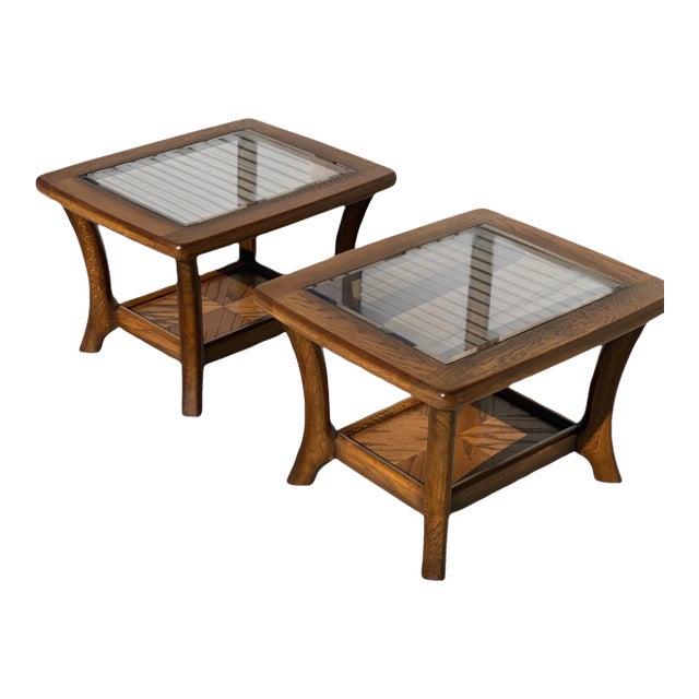 Pair of Late Mid-Century Oak Side Tables With Smoked Glass Tops, Mid-Century Modern, 1970s For Sale