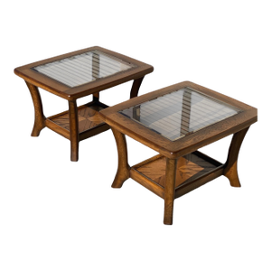 Pair of Late Mid-Century Oak Side Tables With Smoked Glass Tops, Mid-Century Modern, 1970s