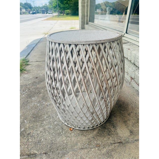 1980s Vintage Coastal Wood and Cane Basket Weave Side Table For Sale - Image 5 of 6