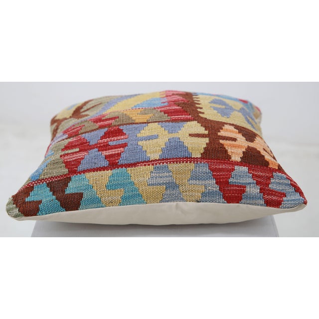 Tribal Arteverk Handwoven Afghan Kilim Pillow — Red & Blue Geometric Patchwork For Sale - Image 3 of 3