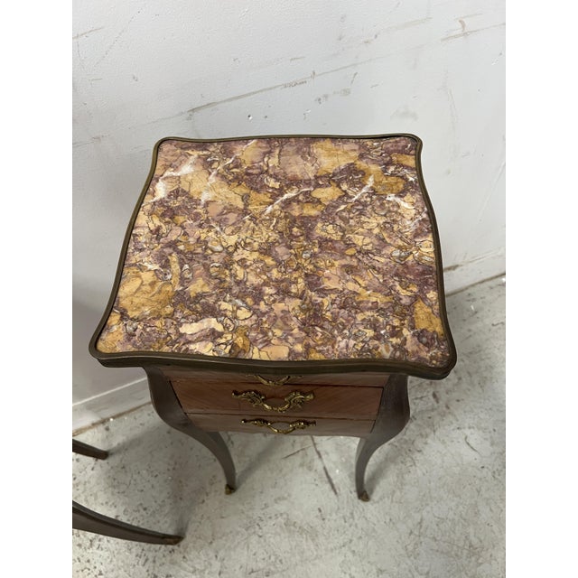Small Louis XV Style Marquetry Commodes with Marble Tops, 1900s, Set of 2 For Sale - Image 12 of 13