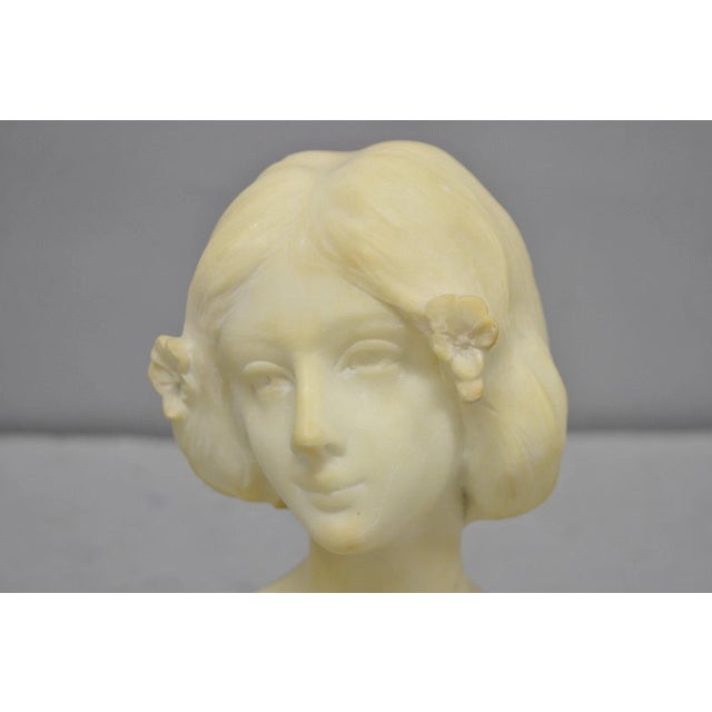Antique Neoclassical Carved White Marble 9" Bust of Woman's Head on Marble Base For Sale - Image 4 of 16