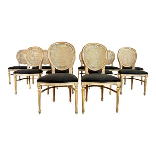 Louis XVI Medallion Cane Back Dining Chairs, Reupholstered - Set of 12 For Sale