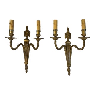 19th Century Louis XVI Style French Bronze Two-Light Wall Sconces - a Pair For Sale