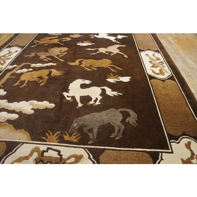 Textile Elegant Brown Color With Expressionist Design Horses Chinese Antique Pictorial Rug For Sale - Image 7 of 9