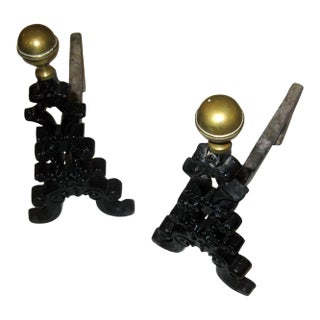 19th Century Wrought Iron and Brass Firedog Andirons - A Pair For Sale