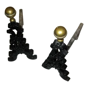 19th Century Wrought Iron and Brass Firedog Andirons - A Pair