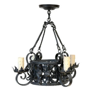 Addison Mizner Style Spanish Colonial Wrought Iron Four-Light Chandelier For Sale