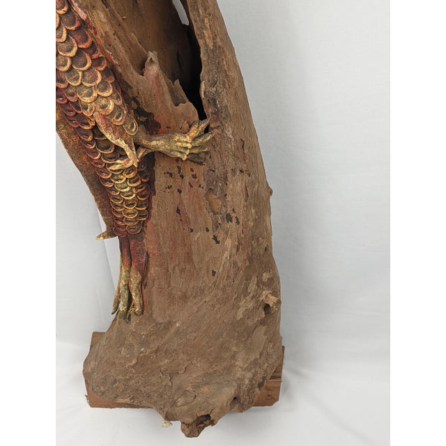 Mid 20th Century Monumental Hand-Carved Asian Dragon Coiled Around Natural Tree Trunk Sculpture With Original Polychrome Finish 40" For Sale - Image 12 of 18