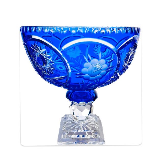Glass Large Bohemian Style Blue Crystal Centrepiece Pedestal Bowl on Ball Stem and Square Base, 1960s For Sale - Image 7 of 12
