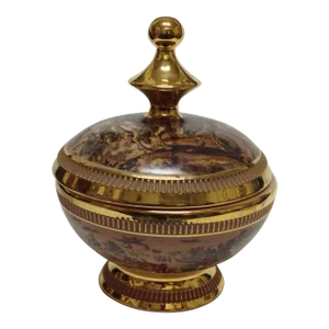 1960s Covered Dish Decorated With Encrusted Gold and Giotto Italian Hunt Scene
