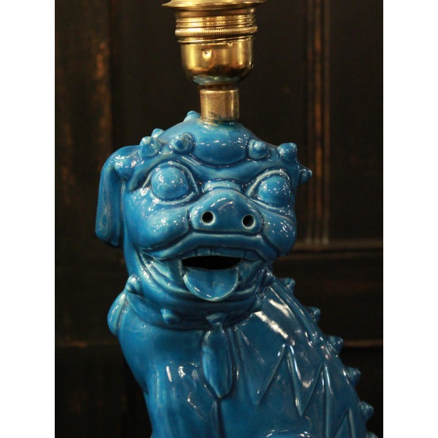Blue Vintage Turquoise Ceramic Foo Dog Table Lamp, 1960s For Sale - Image 8 of 9