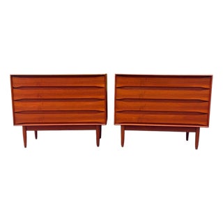 Pair of Danish Teak Four-Drawer Dressers | Arne Vodder | Sculpted Pulls & Finished Backs | C. 1960s, Attributed For Sale