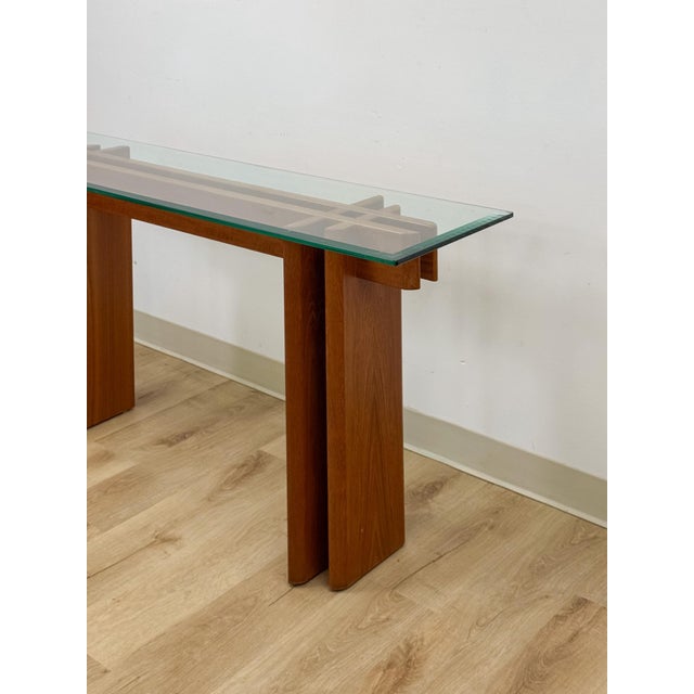 Vintage MCM Danish Teak Puzzle Console Table, Glass Top Mid Century, Entry Table, Danish Modern Sofa Table For Sale - Image 16 of 17