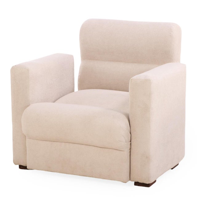 A stylish pair of mid-century lounge chairs having bold geometric lines and squared arms with a low, architectural...