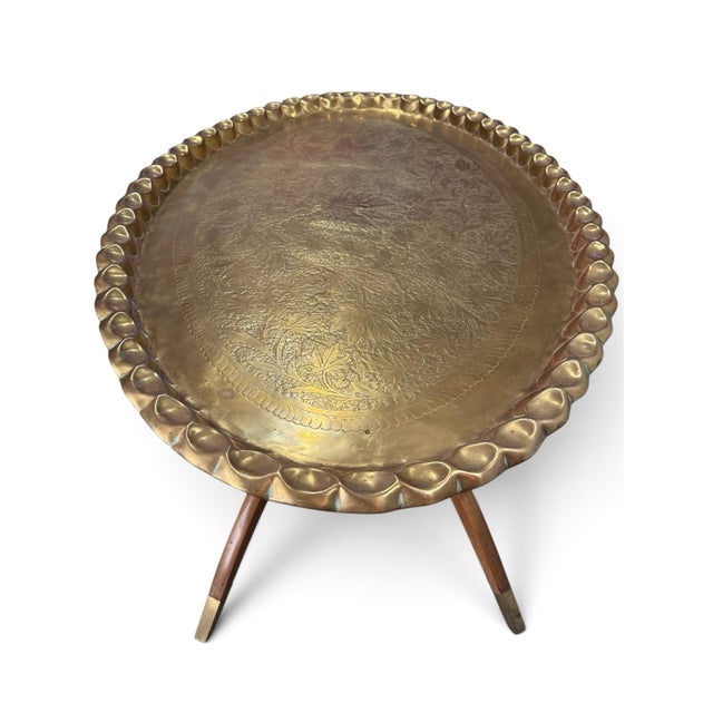 Wood Vintage Moroccan Brass Tray Top Table With Folding Spider-Leg Base For Sale - Image 7 of 10