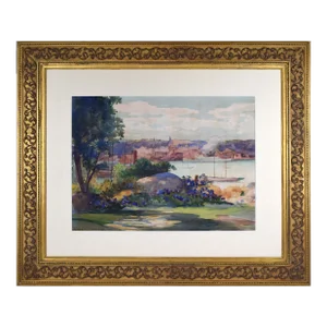 Antique Watercolor Landscape/Seascape Painting Overlooking Harbor- Rockport School Franklin Lincoln Stoddard