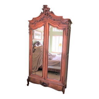Antique 19th Century French Louis XV Carved Walnut Mirrored Knockdown Armoire For Sale