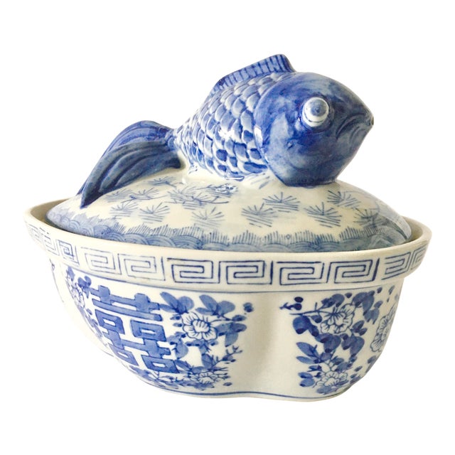 Vintage MidCentury Japanese Serving Dish With Koi Fish Lid in Blue and