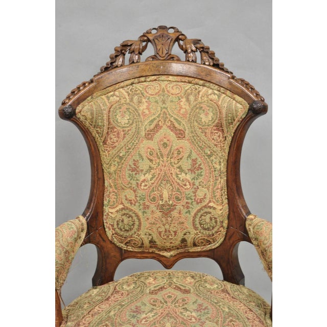 Antique Eastlake Victorian Carved Burl Walnut Parlor Set Sofa & 2 Chairs - 3 PCS For Sale - Image 4 of 18
