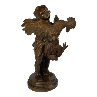 "Enfant au Coq" a Bronze Sculpture of a Child and Cock after Cecioni Adriano For Sale