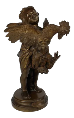 "Enfant au Coq" a Bronze Sculpture of a Child and Cock after Cecioni Adriano