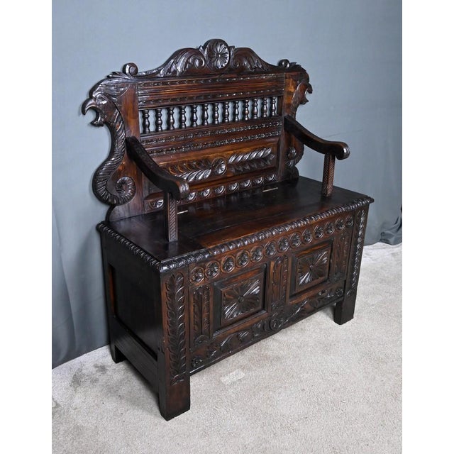 Neo-Gothic Style Storage Bench in Oak For Sale - Image 5 of 18