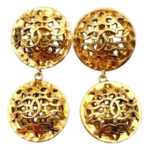 Chanel Vintage Gold Plated CC Weaving Round Dangle Large Clip on Earrings, A Pair