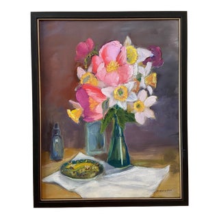 Pink Peonies & Daffodils Flower Still Life Oil Painting by Marina Movshina, Framed For Sale