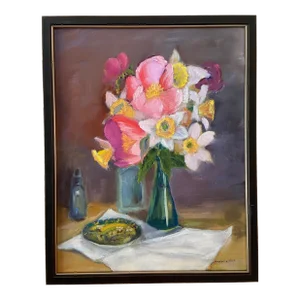 Pink Peonies & Daffodils Flower Still Life Oil Painting by Marina Movshina, Framed