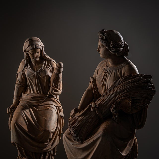 Set of three terracotta sculptures, two of which are signed and dated “Franz Melnitzky, 1855.” The allegorical figures...