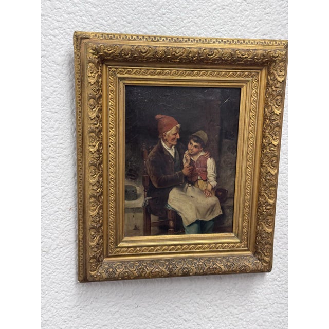 Antique Oil Painting of Grandfather With Son, Framed For Sale - Image 9 of 12