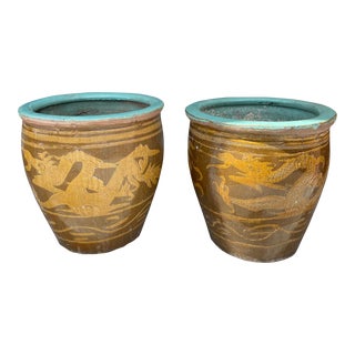 Tony Duquette Style Dragon Egg Pot Ochre Turquoise Planters - a Pair For Sale