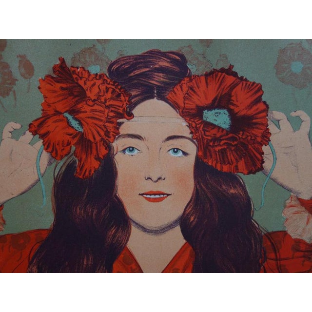 Gaston DARBOUR Young girl with poppies Original color lithograph on fine vellum Signed in the plate Dimensions 40 x 31 cm...