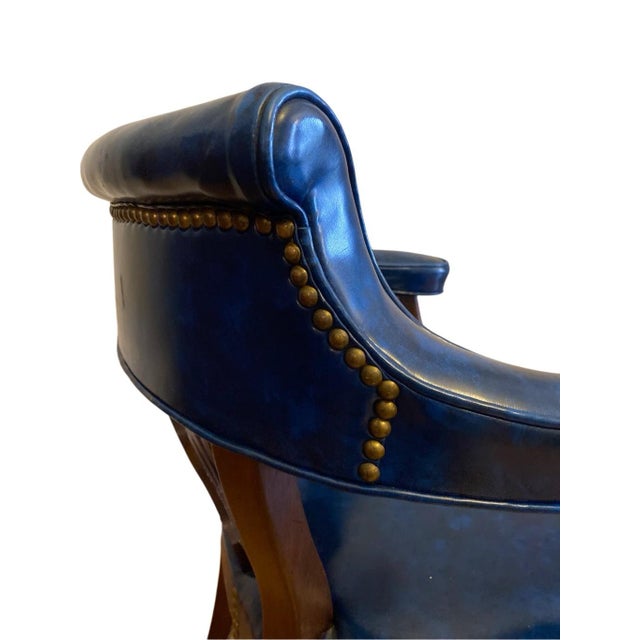 Pair of Hickory Colonial Williamsburg Smoking Club Chairs in Marble Blue Vinyl For Sale - Image 9 of 10