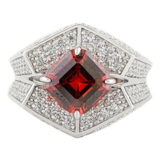 Vintage Art Deco Square Garnet & Cz Unisex Ring in Silver Size 8 For Sale