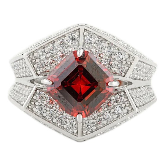 Vintage Art Deco Square Garnet & Cz Unisex Ring in Silver Size 8 For Sale