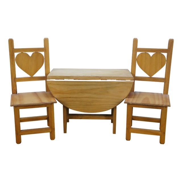 Mid 20th Century 3pc Doll Sized Salesman Sample Drop Leaf Table & Hearts Chairs Mexico 15" For Sale