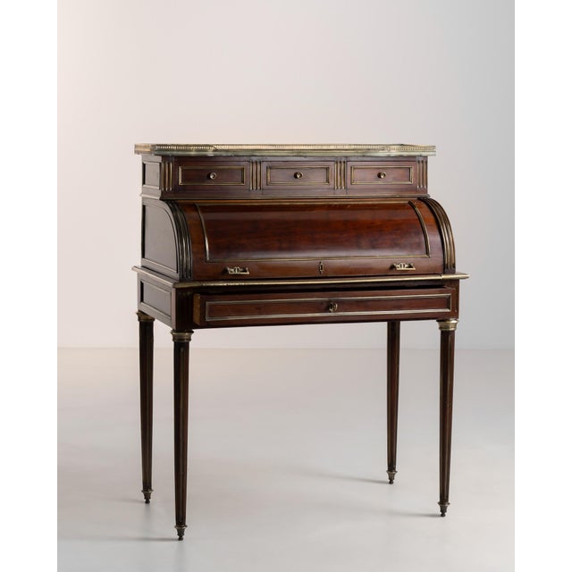 French 19th Century Louis XVI Cylinder Desk With Marble Top & Brass Accents For Sale - Image 3 of 15