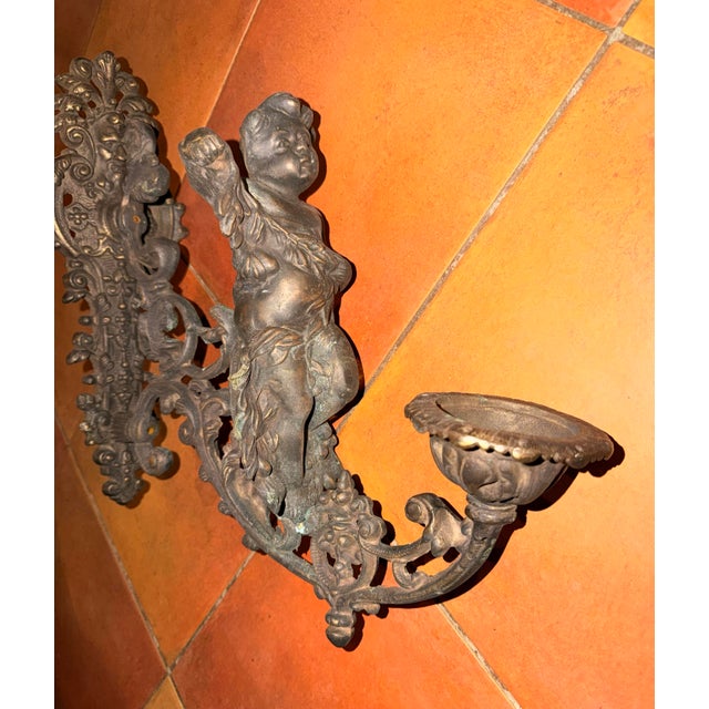 Antique Pair of Bronze Cherub Sconces For Sale - Image 4 of 11