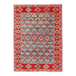 Mid 20th Century Unique and Vibrant Turkish Oushak Rug With Colorful and Bright Diamond Design For Sale