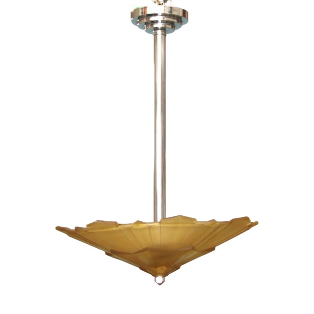 French Art Deco Ceiling Light in Chrome & Glass, 1930s For Sale