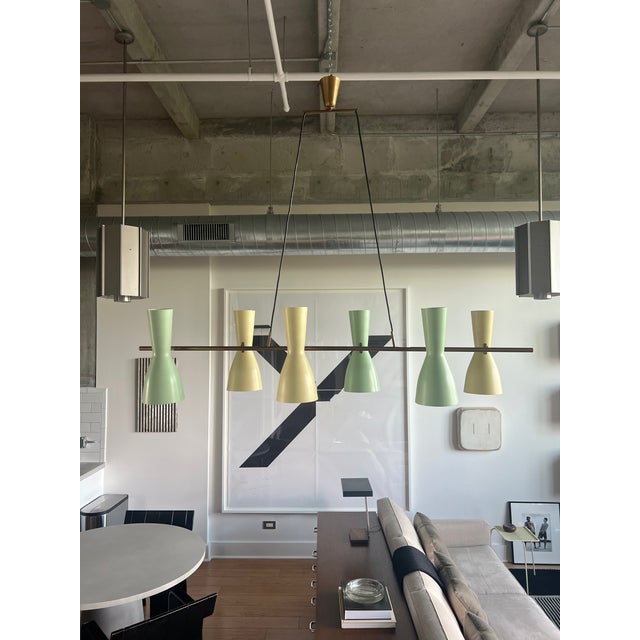 Mid-Century Modern 1950s Rare Stilnovo Linear Chandelier in Brass With Green and Yellow Shades For Sale - Image 3 of 13