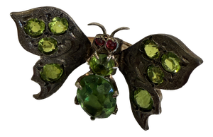 Antique Art Nouveau Insect Brooch with Green Paste Stones and Butterfly Bow Tie in C-Clasp, 1890s