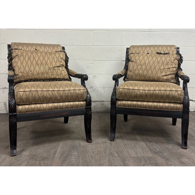 This is a stylish pair of vintage C.R. Laine French Louis XVI style designer accent chairs featuring richly carved dark...