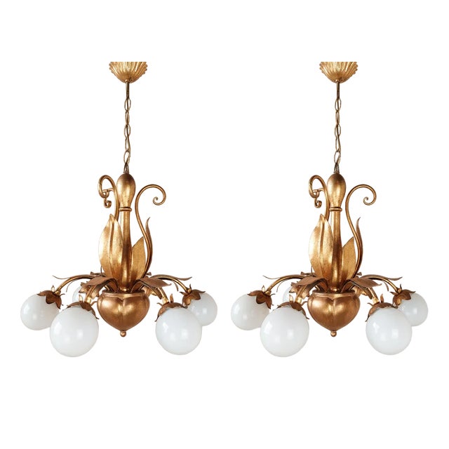 Mid-Century Hollywood Regency French Gold Patinated Lamps with Leaves, 1960s, Set of 2 For Sale