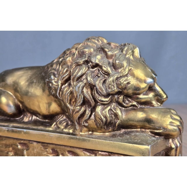 Metal Vintage a & M Leatherlines, New York Brass Sleeping Lion Bookends For Sale - Image 7 of 11
