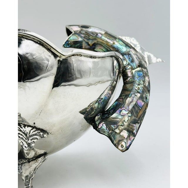 1960s Mexican Silver Plate Center Bowl With Abalone Fish Handles, Signed a.c.t. Taxco For Sale - Image 14 of 18