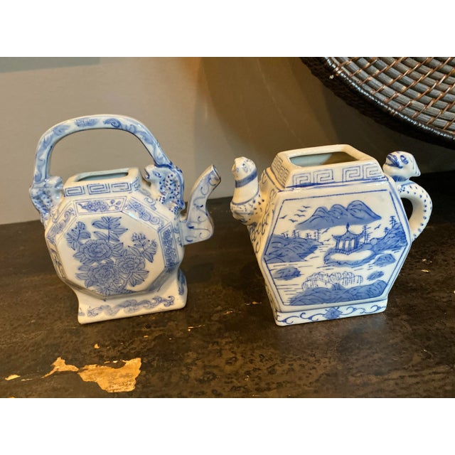 Vintage Chinoiserie Blue and White Porcelain Tea Pots - a Pair For Sale - Image 10 of 13
